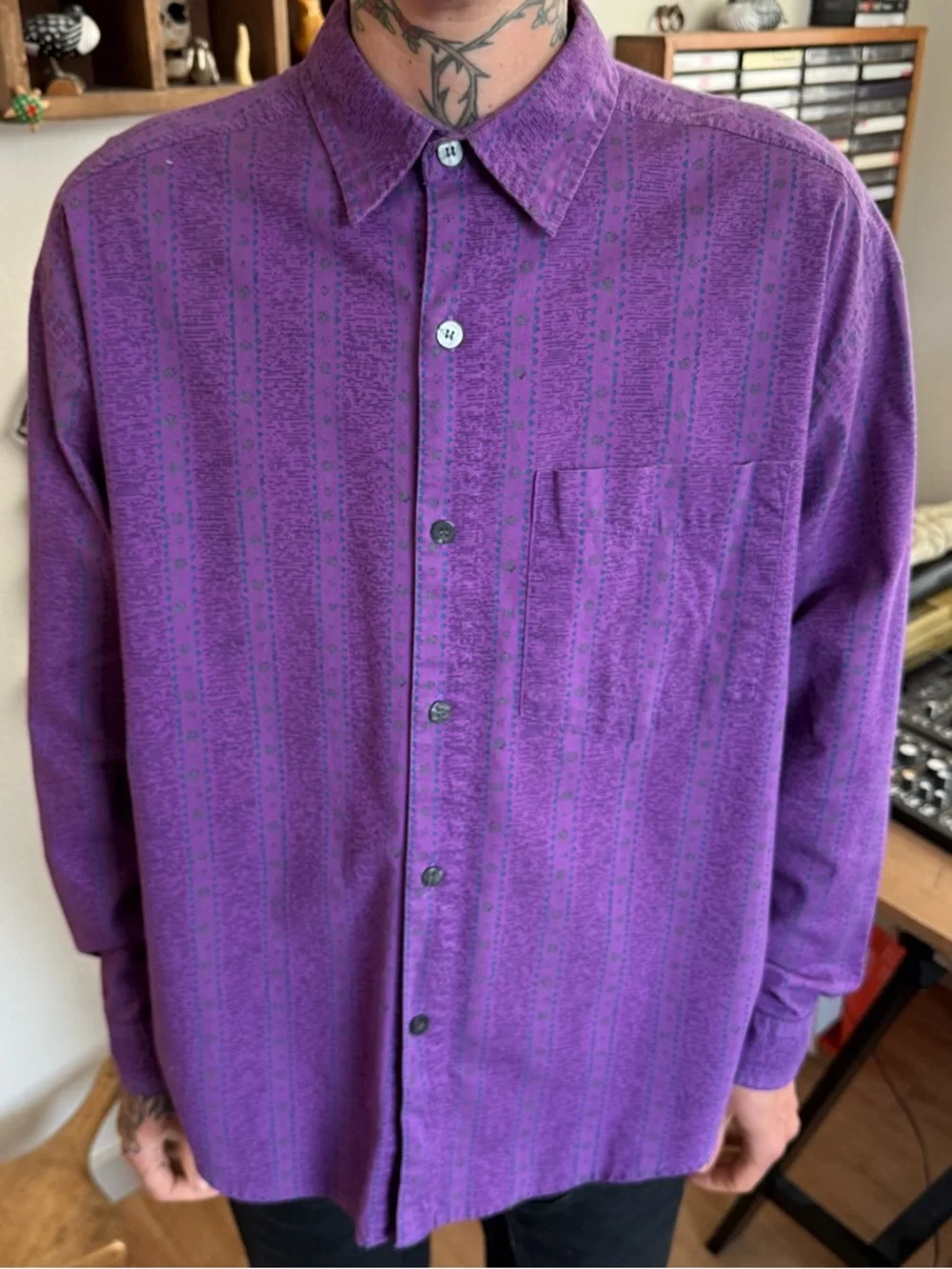 Vintage 80s Purple Abstract Striped L/S Button Down Shirt ~ Size Large - Picture 3 of 7